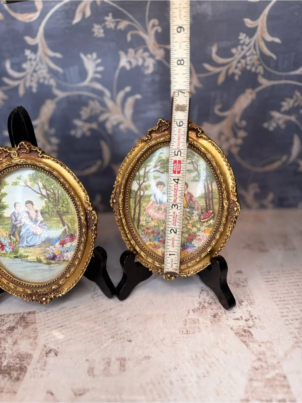 Vintage Courting Couple Silk Embroidery Convex Glass Wall Art Set 2